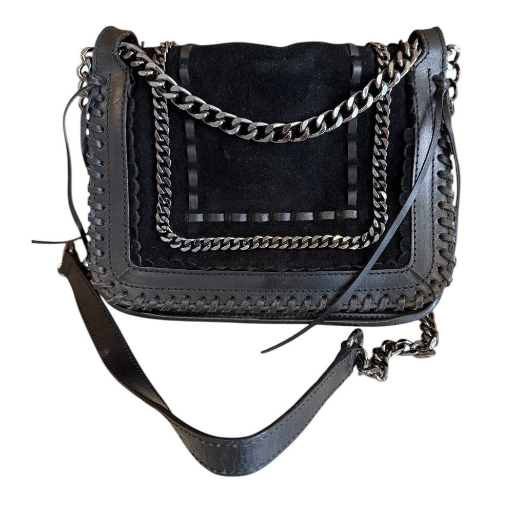 ZARA Suede & Leather Whipstitch and Chain Detail Crossbody Bag Black